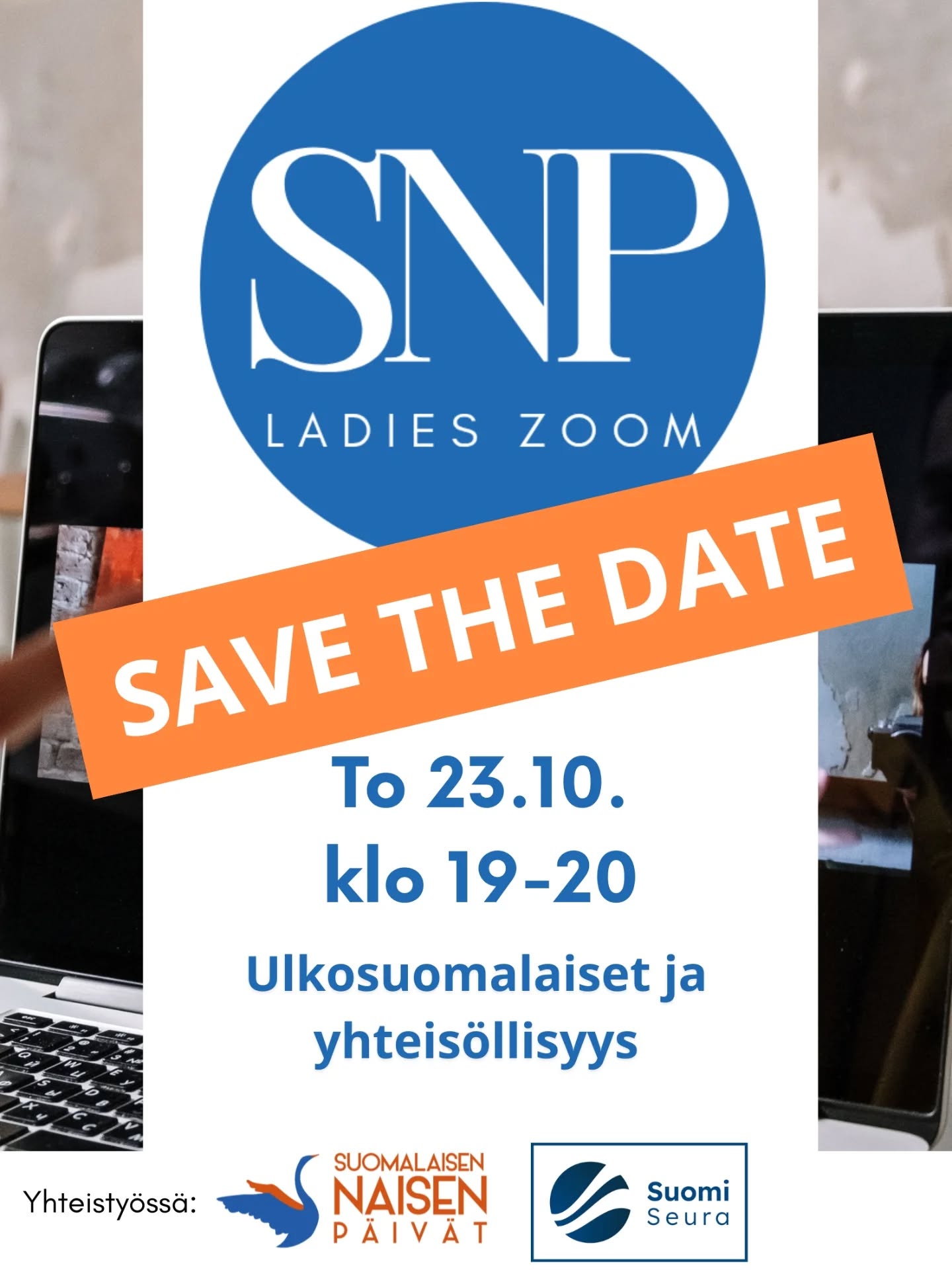Laita seuraava päivämäärä kalenteriisi ja osallistu @naisenpaivat ja @suomi_seura yhteiseen digitapahtumaan!

To 23.10. järjestetään SNP:n ensimmäinen Ladies Zoom! Aiheena Ulkosuomalaiset ja yhteisöllisyys. Tervetuloa kaikki mukaan!

Paneelissa mukana edustajia mm. @warmheartssauna @rotterdaminmerimieskirkko @vnf.nu @suomikouluamsterdam

Ilmoittautumislinkki avataan myöhemmin. Seuraa ilmoittelua ☺️
